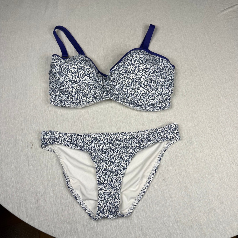 Blue White Floral‎ Bikini Set Underwire Balconette Top Size 38E 36F 34G Small